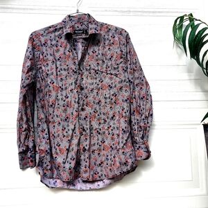 St. Croix Italian Men's Floral Dress Shirt - Blue And Rust Size S